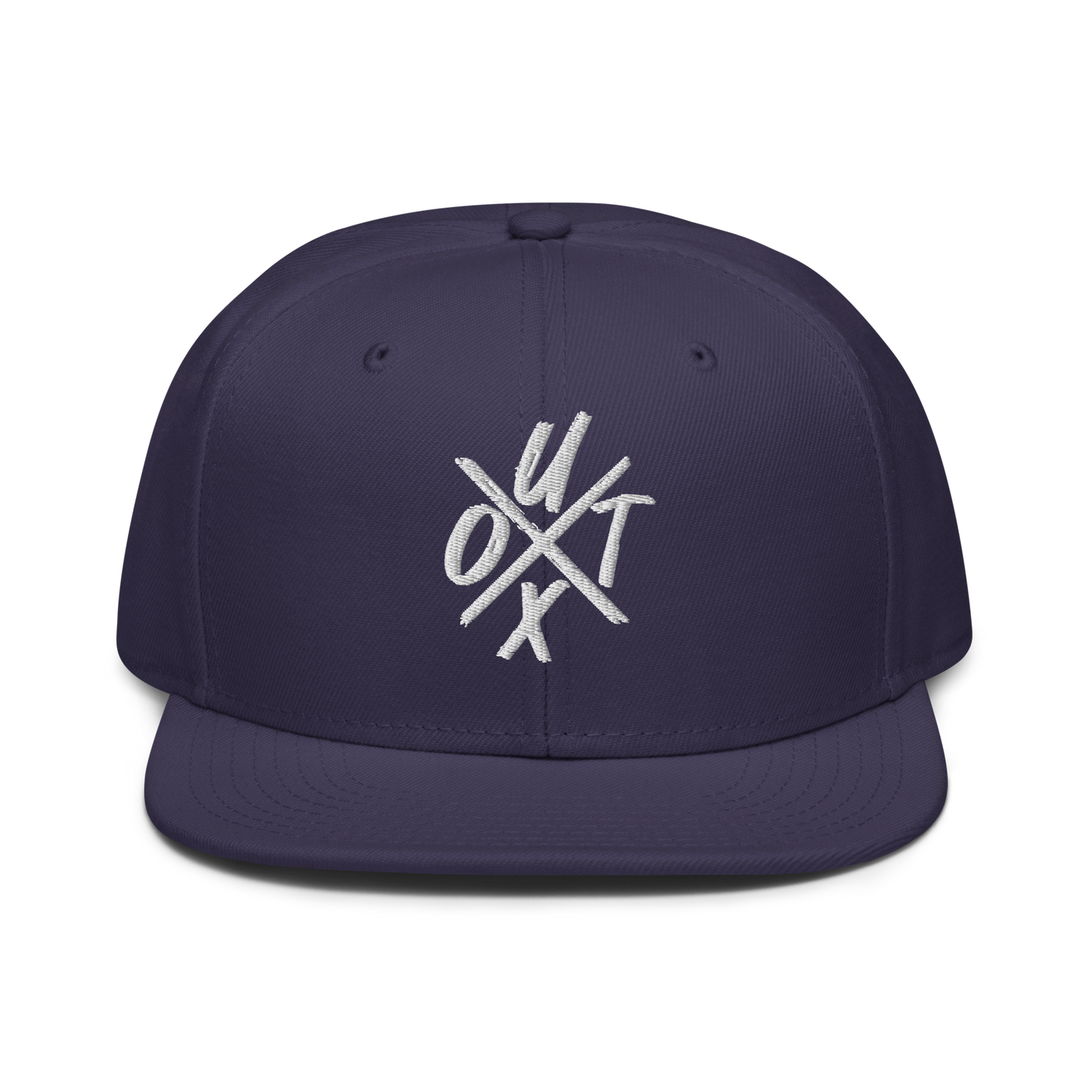 Front view of a navy blue bitcoin snapback hat.