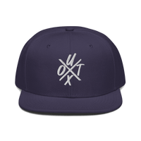 Front view of a navy blue bitcoin snapback hat.