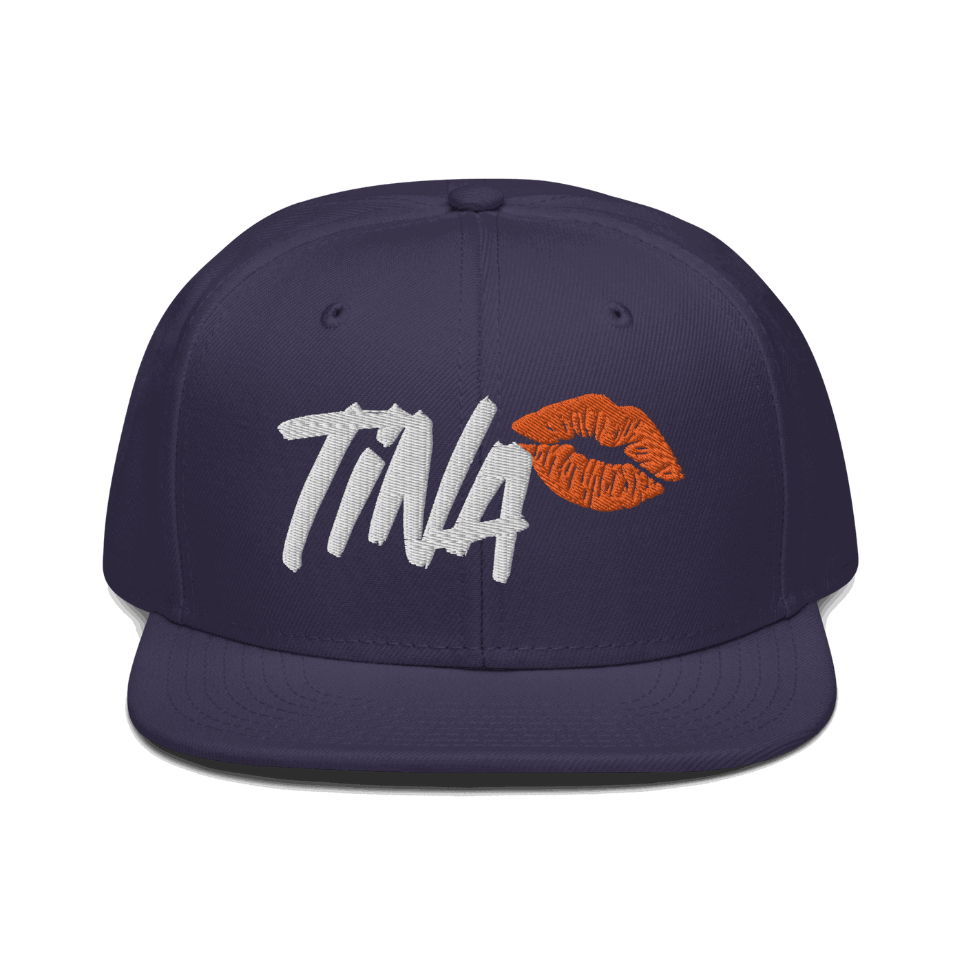 Front view of a navy blue bitcoin snapback hat.