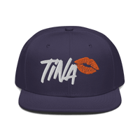 Front view of a navy blue bitcoin snapback hat.
