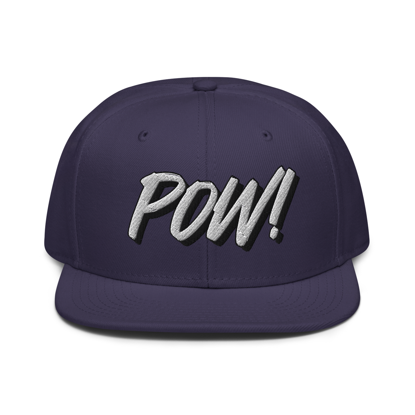 POW! Bitcoin-Snapback-Cap in Marineblau, Vorderansicht.