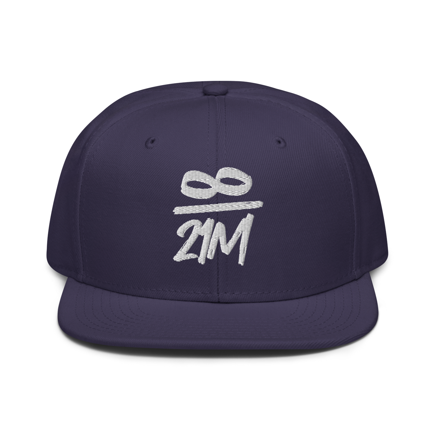 Infinity / 21M bitcoin snapback hat in Navy, front view.