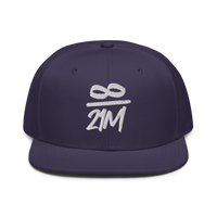 Infinity / 21M bitcoin snapback hat in Navy, front view.