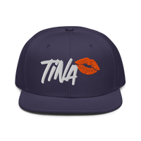 TINA bitcoin snapback hat in Navy, front view.