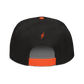 Back view of a black and orange bitcoin snapback hat.