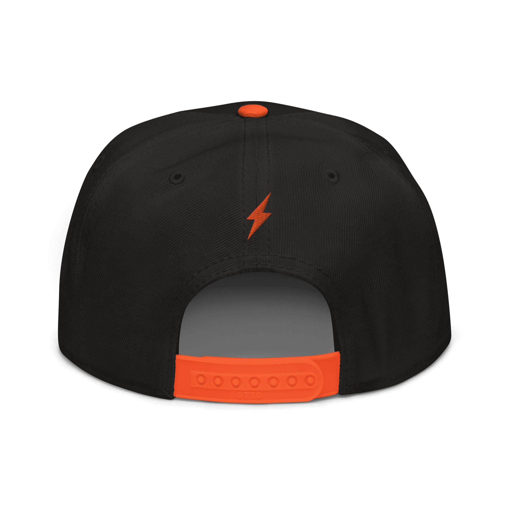 Back view of a black and orange bitcoin snapback hat.