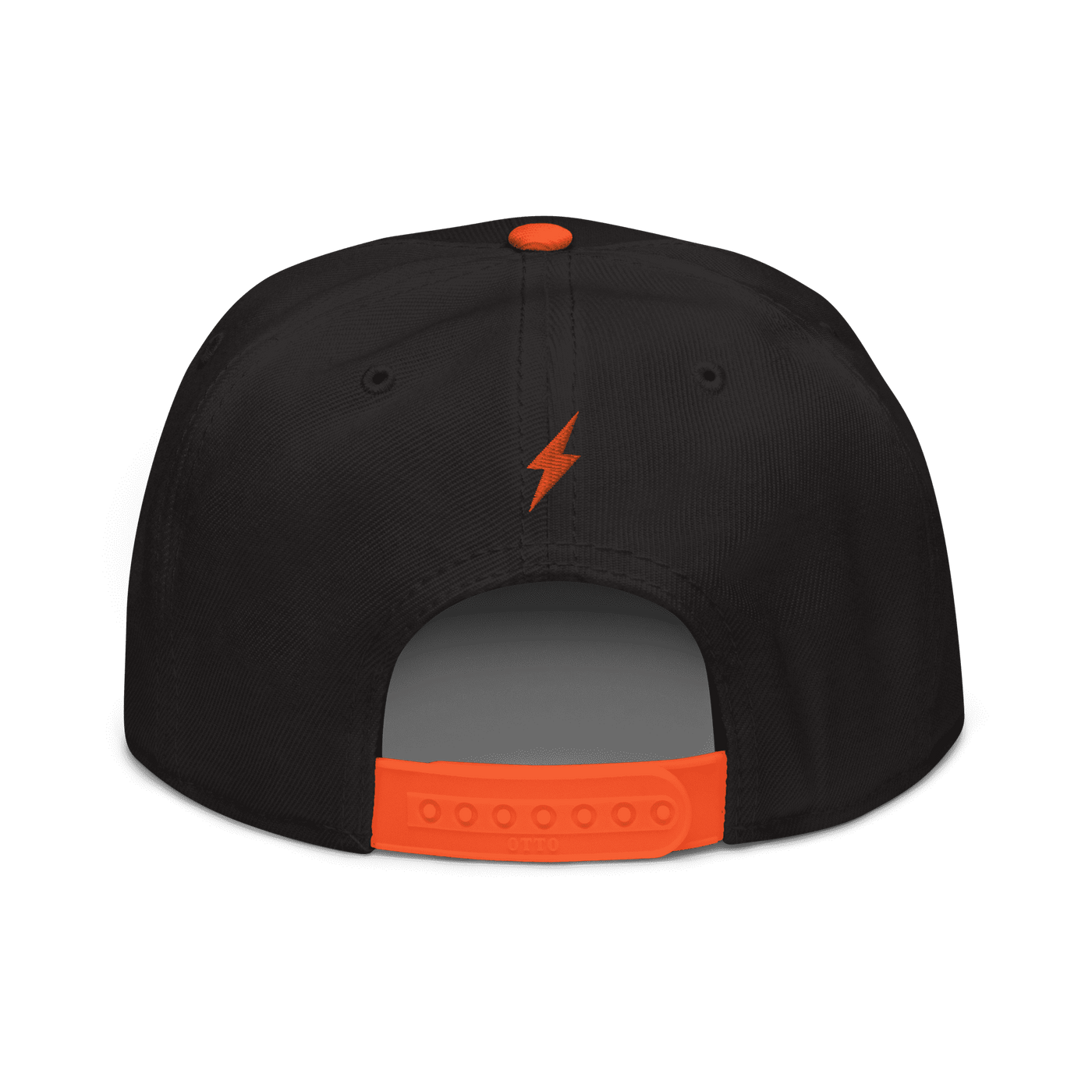 Back view of a black and orange bitcoin snapback hat.