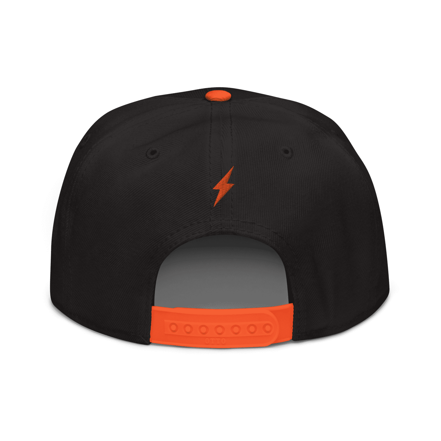 Back view of a black and orange bitcoin snapback hat.