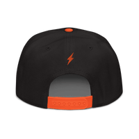 Back view of a black and orange bitcoin snapback hat.