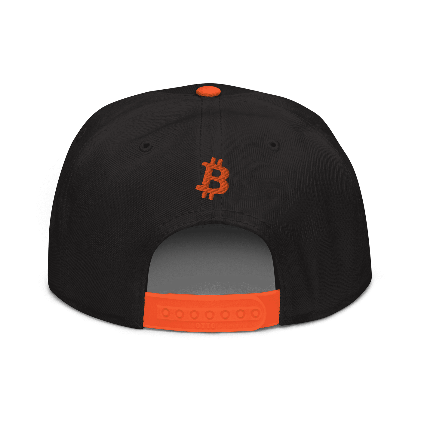Back view of a black and orange bitcoin snapback hat.