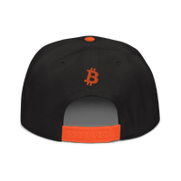 Back view of a black and orange bitcoin snapback hat.