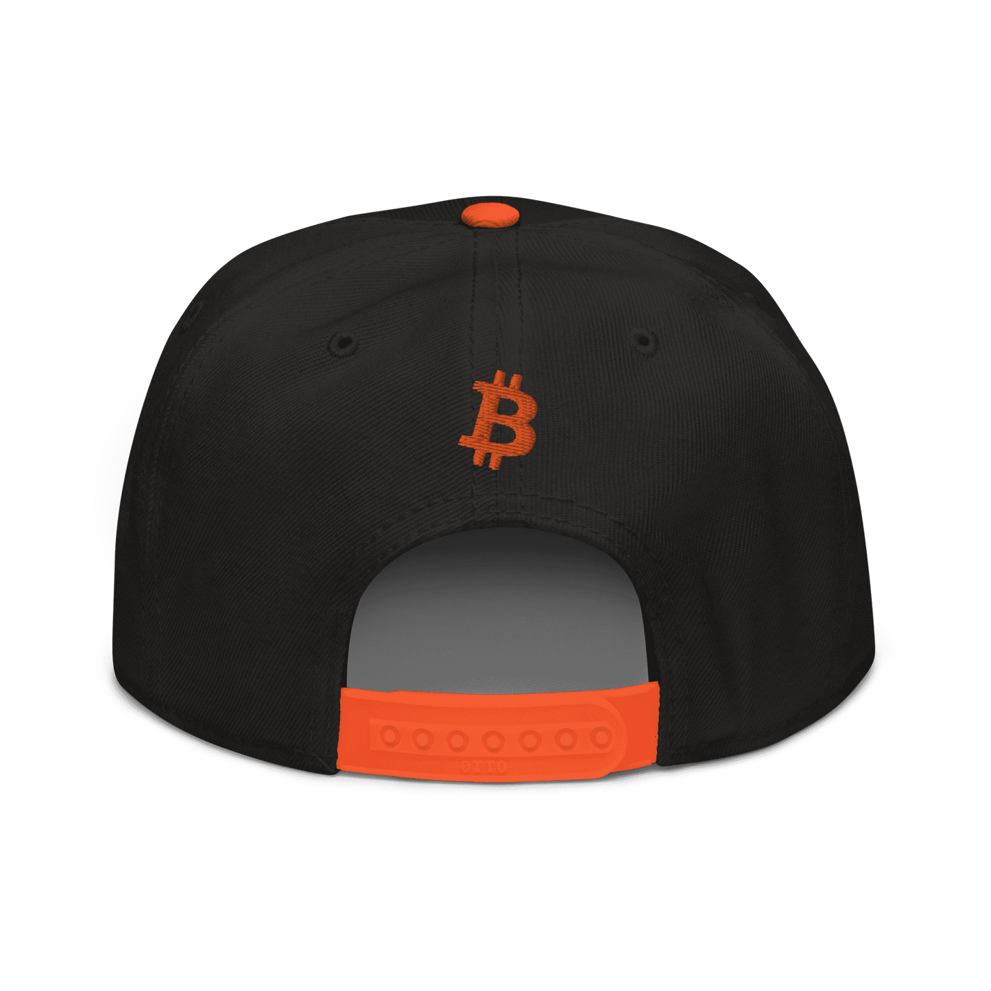 Back view of a black and orange bitcoin snapback hat.