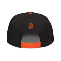 Back view of a black and orange bitcoin snapback hat.