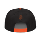 Back view of a black and orange bitcoin snapback hat.