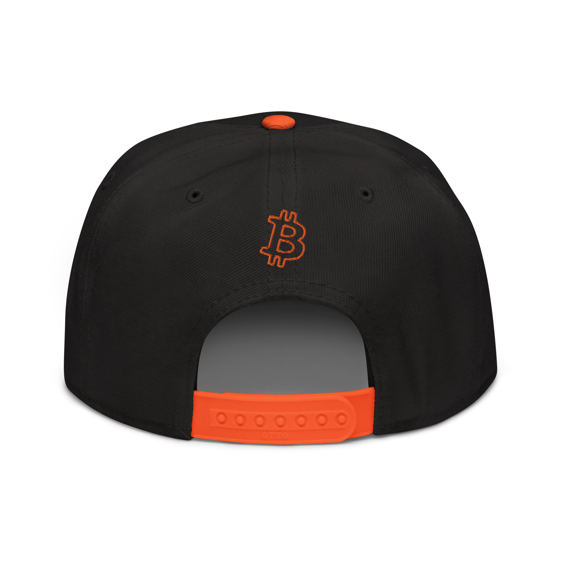 Back view of a black and orange bitcoin snapback hat.