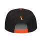 Back view of a black and orange bitcoin snapback hat.