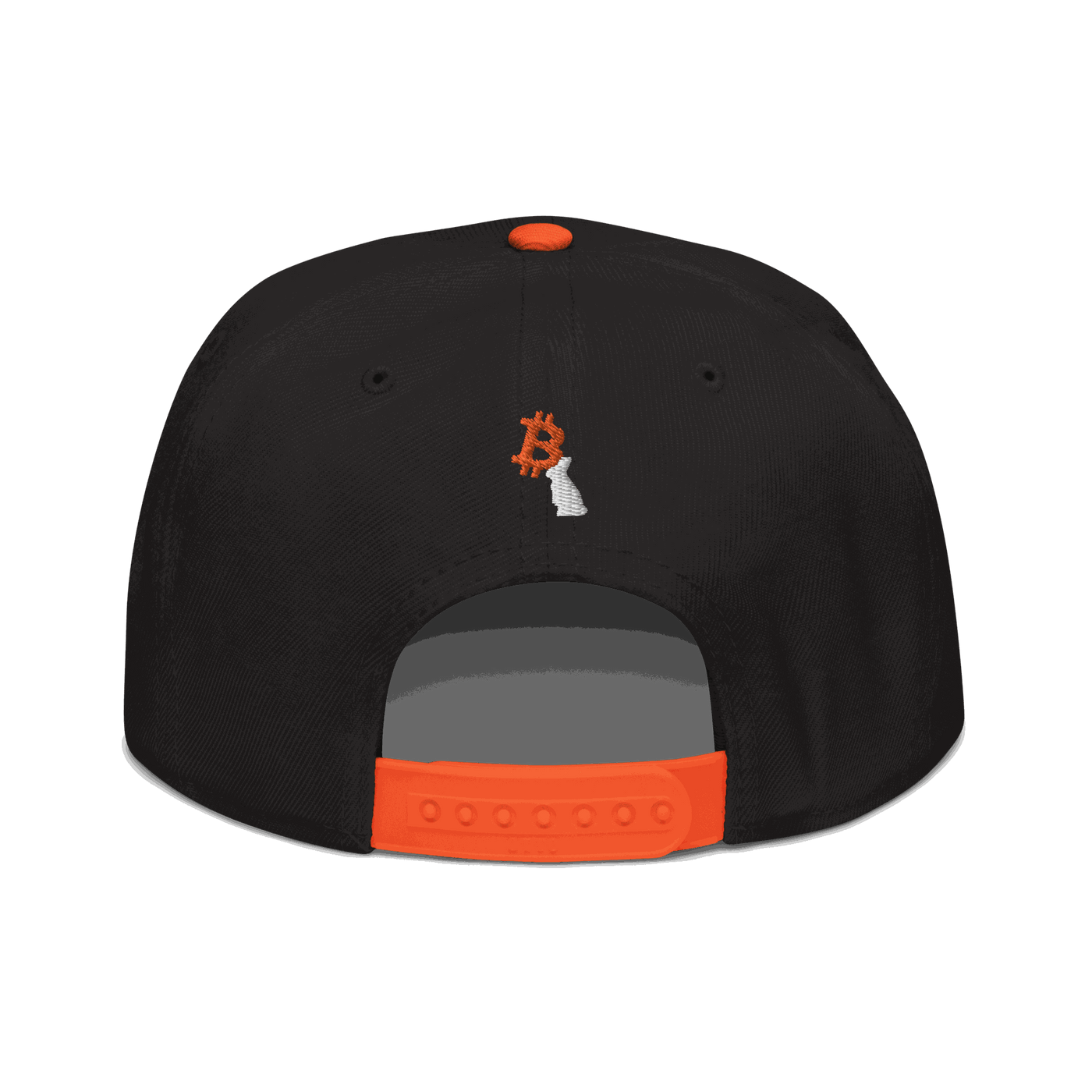Back view of a black and orange bitcoin snapback hat.