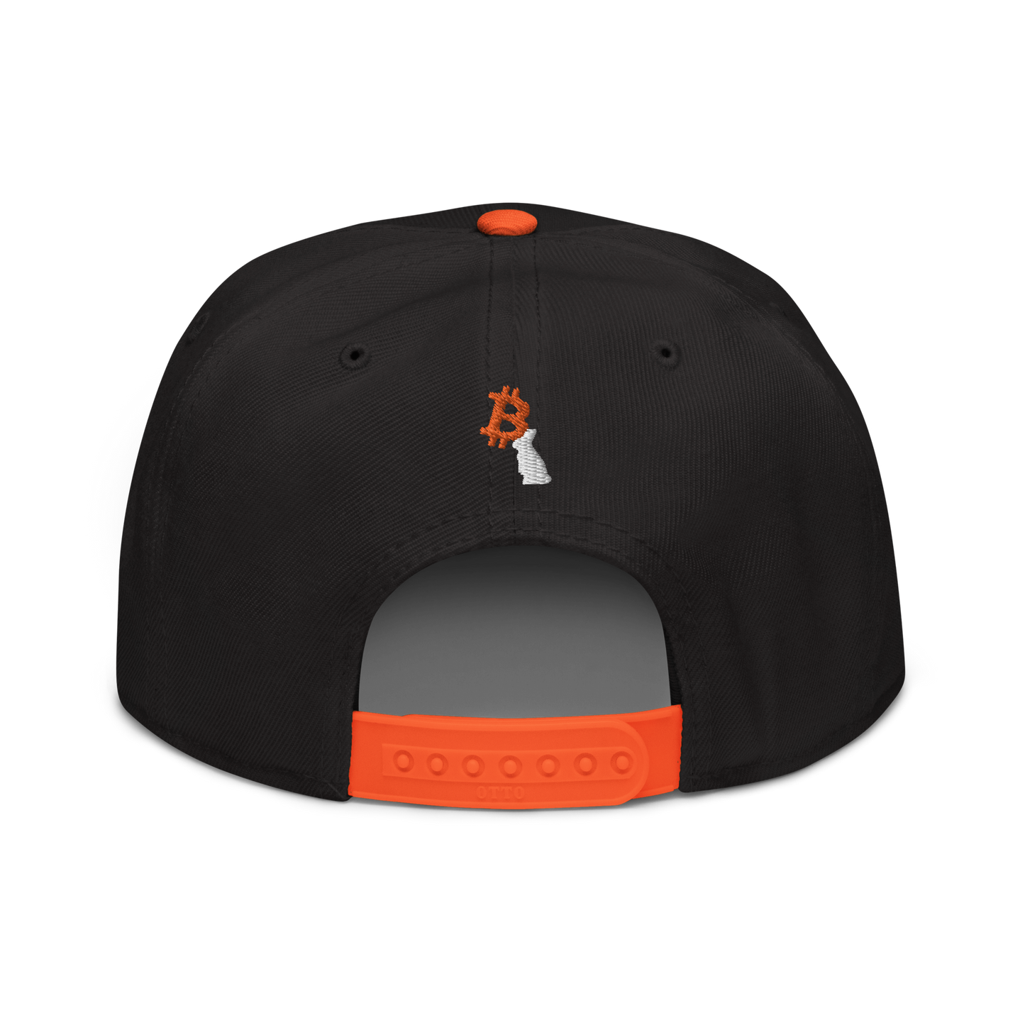 Back view of a black and orange bitcoin snapback hat.