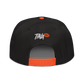 Back view of a black and orange bitcoin snapback hat.