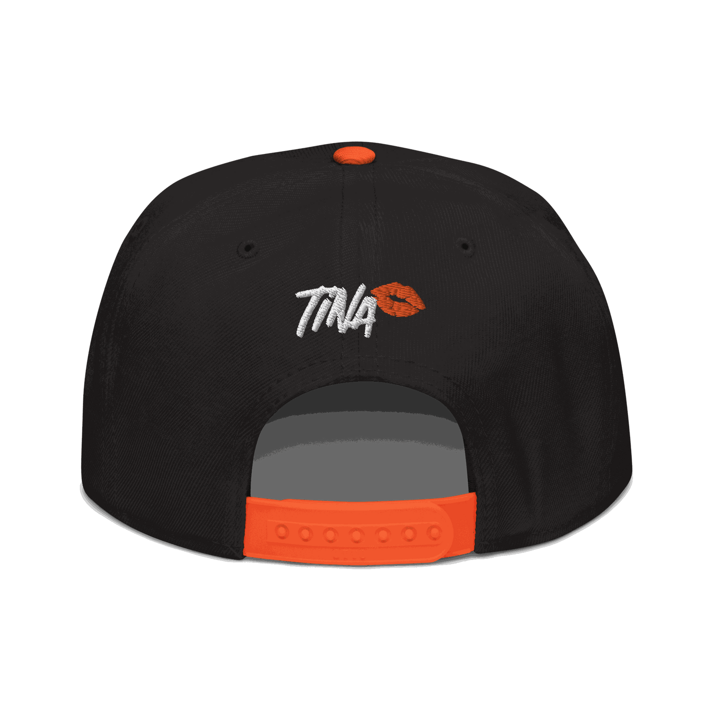 Back view of a black and orange bitcoin snapback hat.