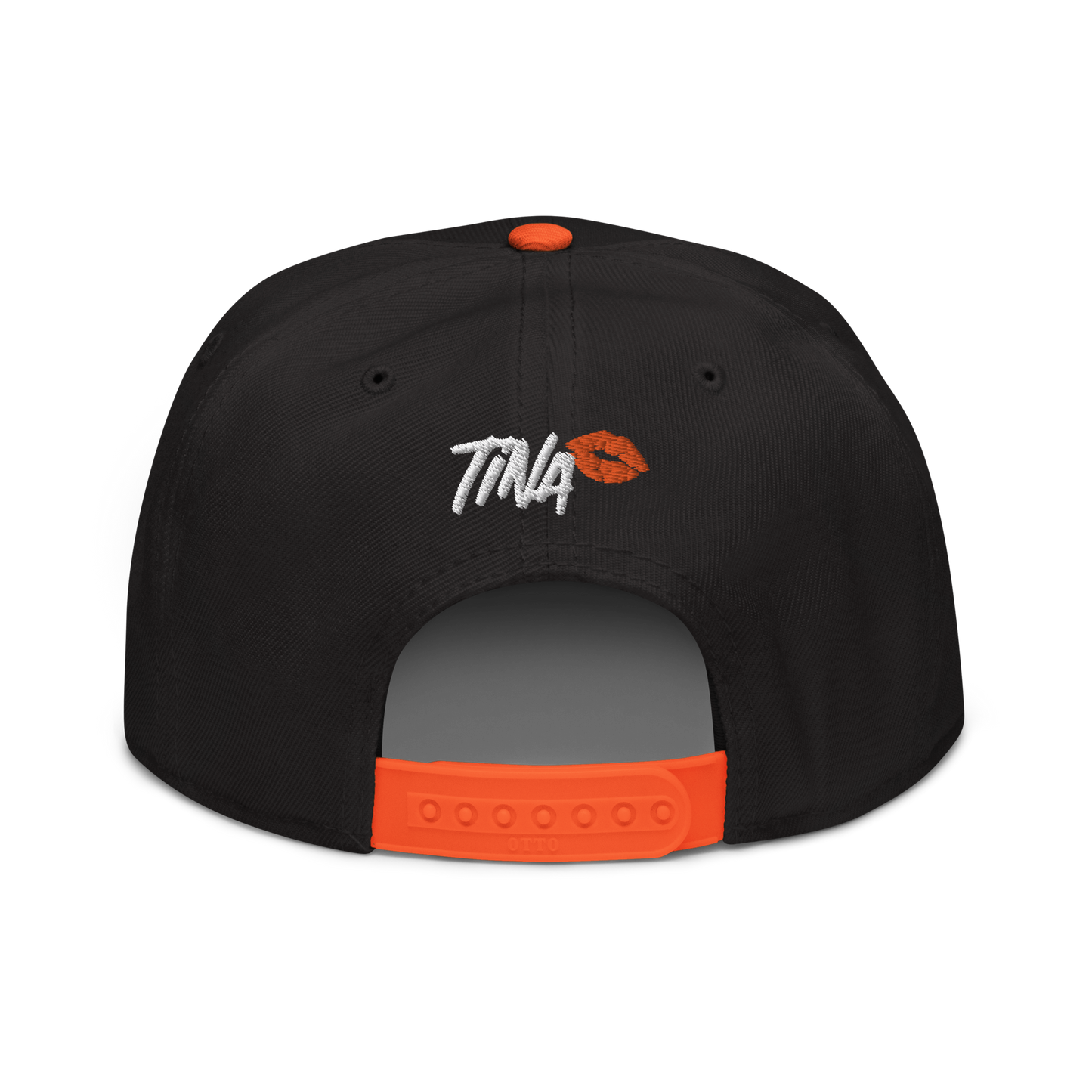 Back view of a black and orange bitcoin snapback hat.