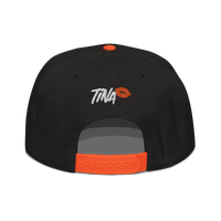 Back view of a black and orange bitcoin snapback hat.