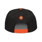 Back view of a black and orange bitcoin snapback hat.