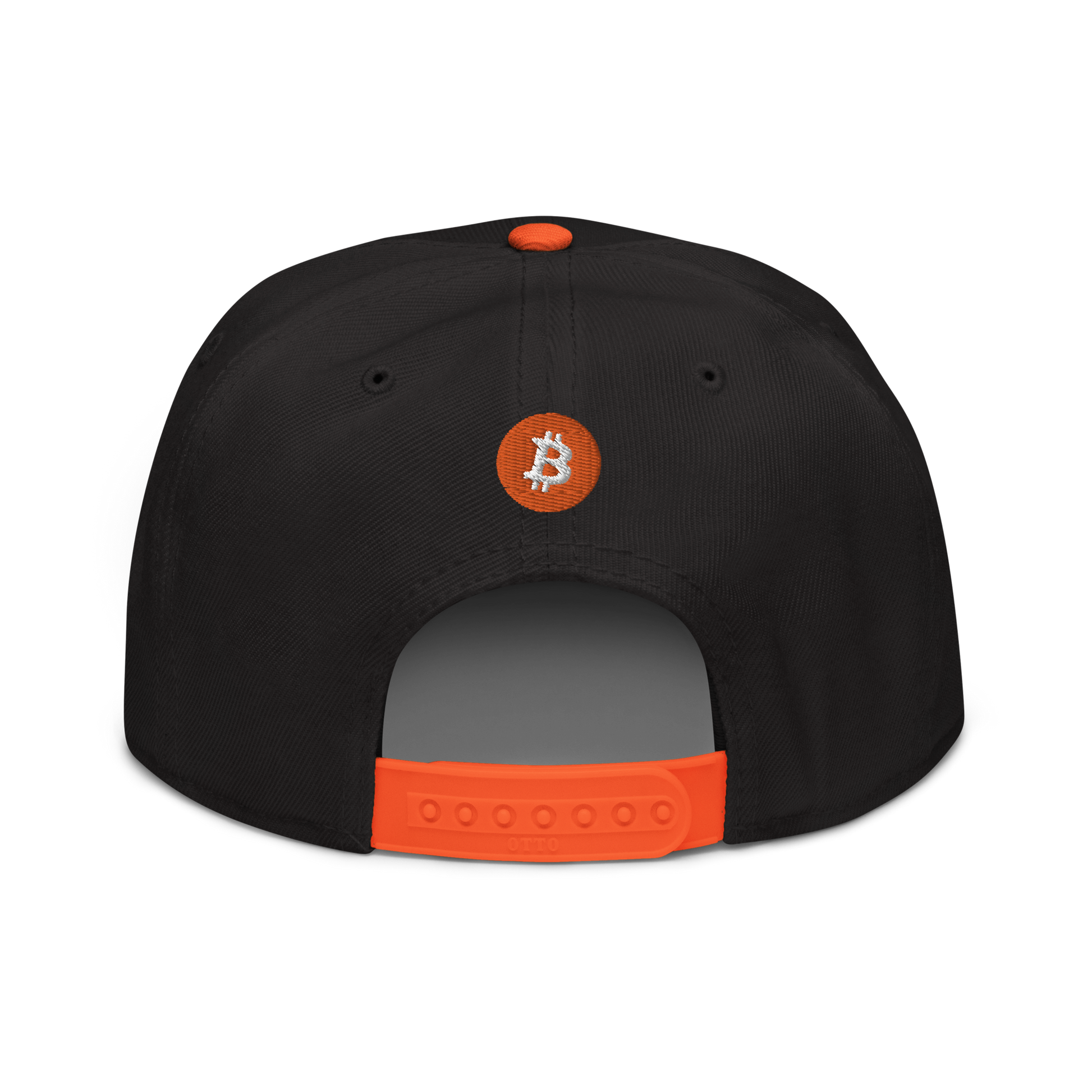 Back view of a black and orange bitcoin snapback hat.