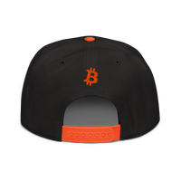 Emergency Exit bitcoin snapback hat in Orange / Black / Black, back view.