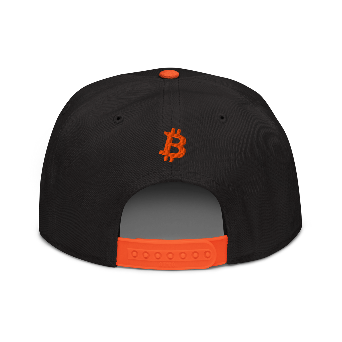 Bitcoin B bitcoin snapback hat in Orange / Black / Black, back view.