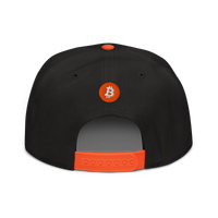 Einundzwanzig bitcoin snapback hat in Orange / Black / Black, back view.
