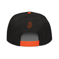 Circuit Board bitcoin snapback hat in Orange / Black / Black, back view.