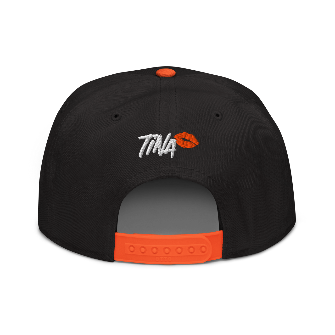 TINA bitcoin snapback hat in Orange / Black / Black, back view.