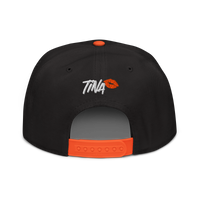 TINA bitcoin snapback hat in Orange / Black / Black, back view.