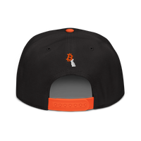 White Rabbit bitcoin snapback hat in Orange / Black / Black, back view.