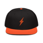 Front view of a black and orange bitcoin snapback hat.