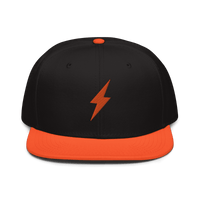 Front view of a black and orange bitcoin snapback hat.