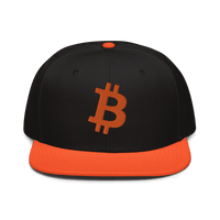 Black Bitcoin B snapback hat with flat visor and grey under visor