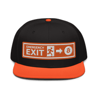 Black Bitcoin snapback hat with Emergency Exit design and flat visor