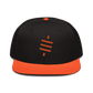 Front view of a black and orange bitcoin snapback hat.