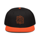 Front view of a black and orange bitcoin snapback hat.