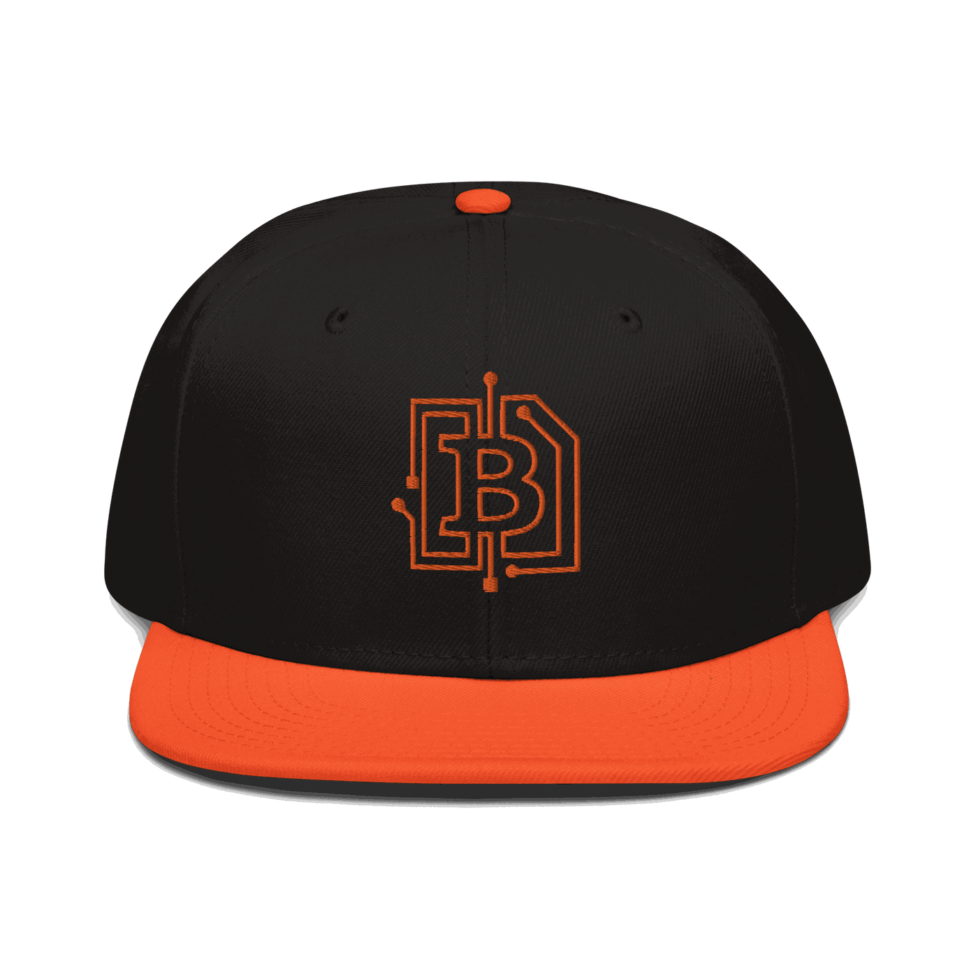 Front view of a black and orange bitcoin snapback hat.
