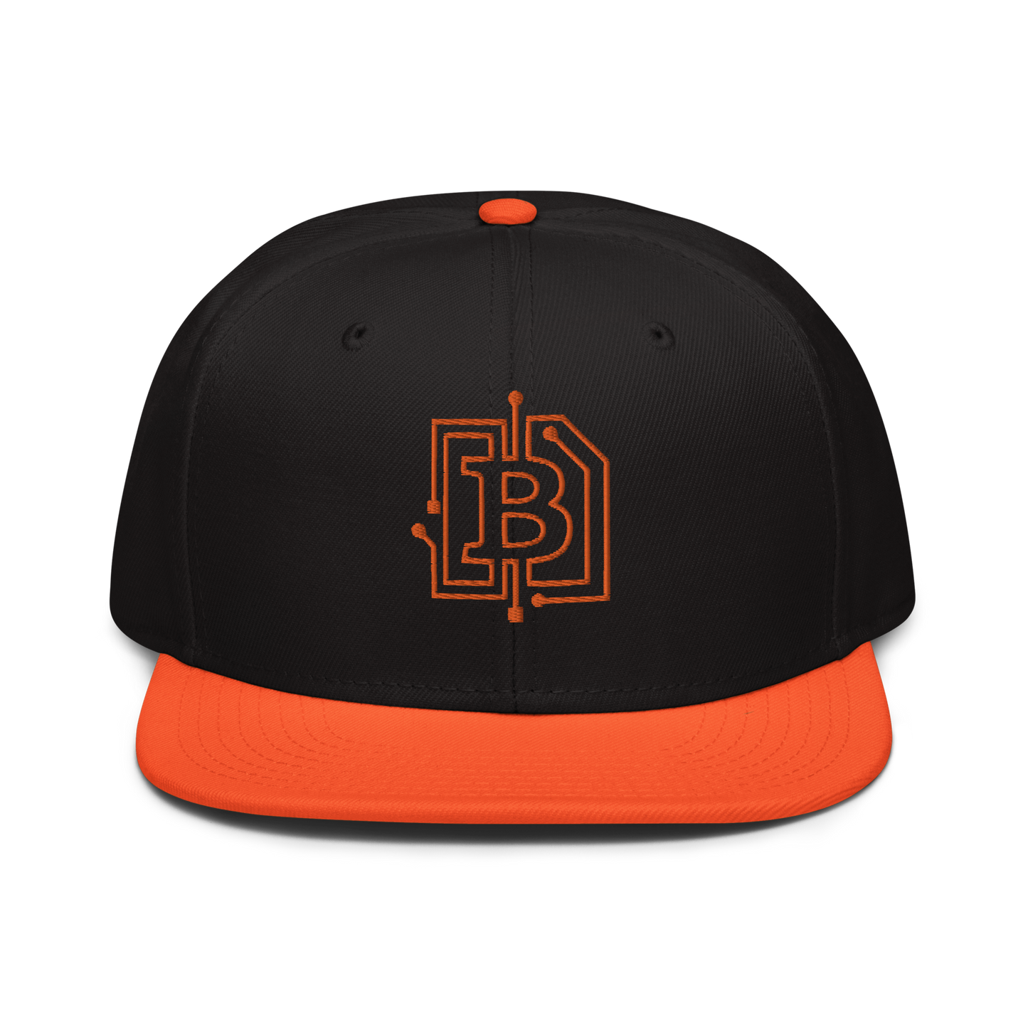 Front view of a black and orange bitcoin snapback hat.