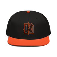 Front view of a black and orange bitcoin snapback hat.
