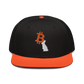 Front view of a black and orange bitcoin snapback hat.