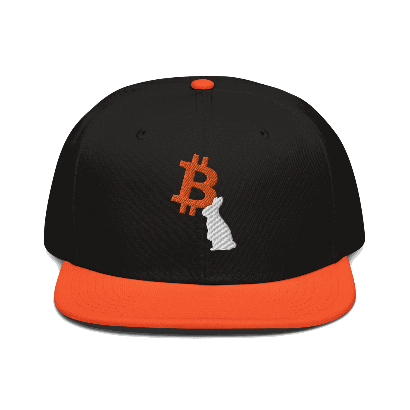 Front view of a black and orange bitcoin snapback hat.