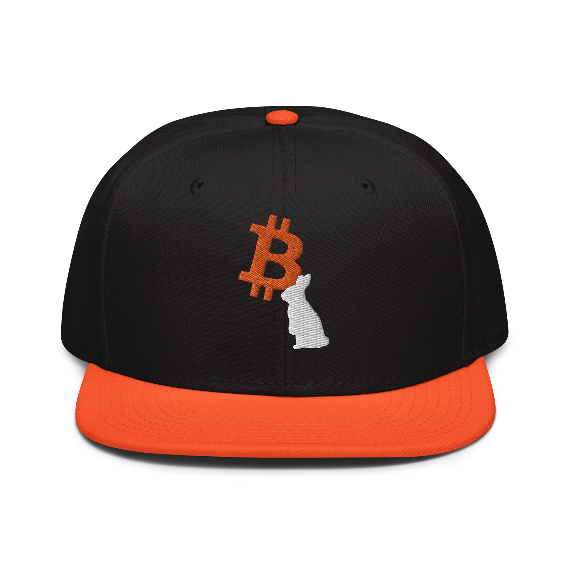 Front view of a black and orange bitcoin snapback hat.