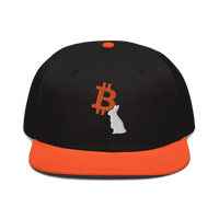 Front view of a black and orange bitcoin snapback hat.
