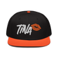 Front view of a black and orange bitcoin snapback hat.