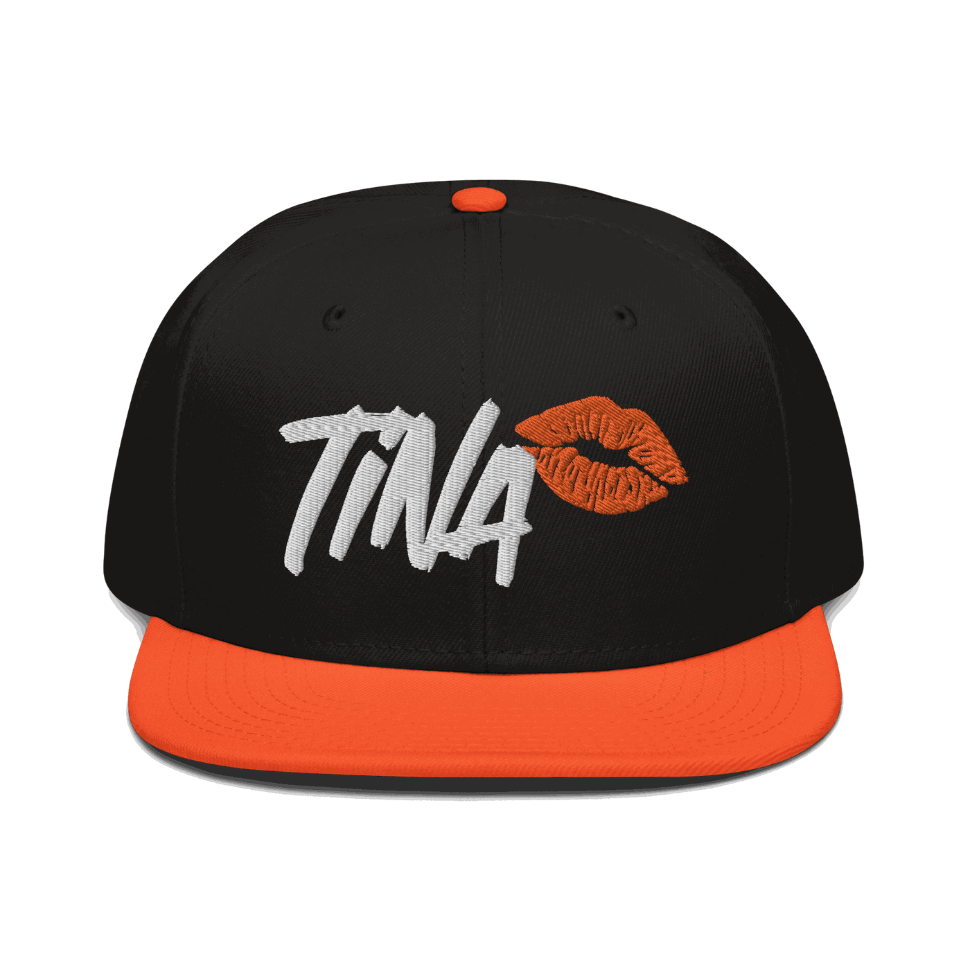 Front view of a black and orange bitcoin snapback hat.